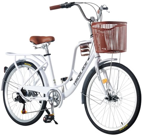 BSTSEL 24/26 Inch Wheels Vintage bike Fabric Bike City Classic Bicycle, Retro Bicycle With 7 Speed Gears, Dual Disc Brakes, Rack And Front Basket Formal Road Bike For Woman