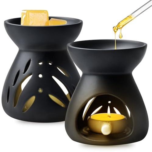 Duftlampe aus Keramik, 2er Set Duftöl Lampe Räucherstövchen mit Candle Löffel Trichterförmiger Aromabrenner für ätherische Öle Wachs Schmelzen Dekorativer Kerzenbrenner für Zuhause und Büro, Schwarz