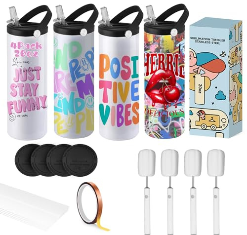 Cafultgo Lot de 4 gobelets à sublimation de 591 ml avec couvercle de voyage et pailles, isolation à double paroi en acier inoxydable avec poignée, pour loisirs créatifs, affaires, cadeaux (paille
