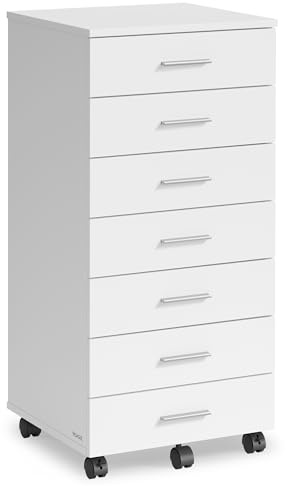 VASAGLE Rollcontainer mit 7 Schubladen, schraubenlosen Gleitschienen | Mobiler Aktenschrank, Druckerständer, für Büro, Homeoffice, wolkenweiß, CUSTOS Kollektion OFC085WB02