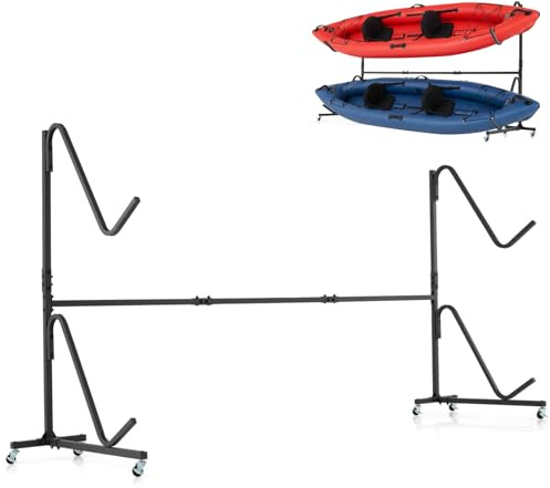SPOTRAVEL Double Kayak Storage Rack, Free Standing Kayak Stand Carrier with Hooks, Indoor Outdoor Heavy Duty Storage Rack System for SUP Canoe Paddleboard