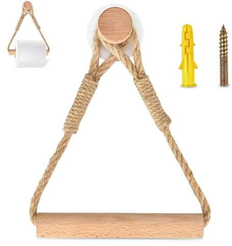 Comzantor Porte Papier Toilette, Support Papier Toilette Mural Adhesif Corde en Bois Anneau De Serviette Rustic, Derouleur Papier Toilette Murale Corde pour Salle de Bain et Cuisine