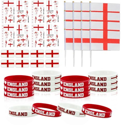 World Cup Football 2026 Fan Bundle 48Pcs England World Cup Merchandise with Hand Flag Tattoos Stickers Flag Brooch Wristband Football Party Accessories for Men Womens Sports Events Decorations