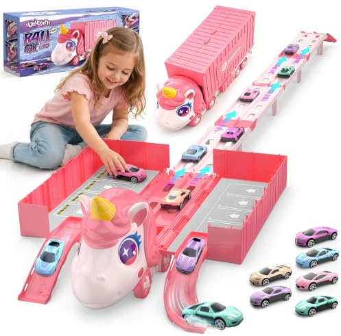 Sonnenspark Camion Transporteur Voiture Licorne,Circuit Double Pliable 1,6m | 6 Voitures en Alliage, Garage, Double Lanceur, Camion Jouet, Voiture Enfant, pour Fille dès 2 Ans, Cadeau Éducatif