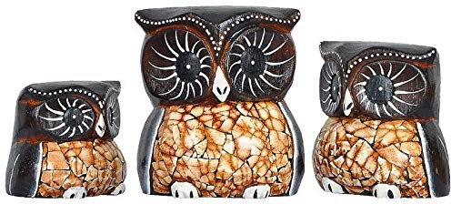 Woru Deko-Tierfigur, Holz, 8, 10 und 12 cm Eule Lilu aus Albesia-Holz, 3er Set