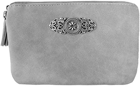 Trachtenland Damen Trachten Handtasche Sofia – Dirndl Umhängetasche aus Lederimitat mit Applikation & Troddel in Pastellfarben oder Schwarz (Hellgrau, ca. 18 x 12 x 8 cm)