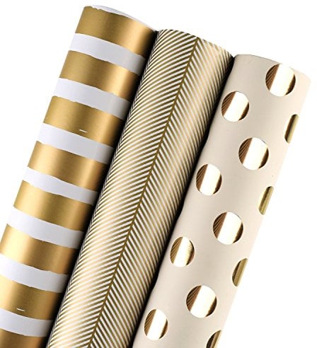 RUSPEPA Geschenkpapierrolle - Golddruck Für Geburtstag, Urlaub, Hochzeit, Babyparty Geschenkpapier - 3 Rollen - 76 X 305 CM Pro Rolle