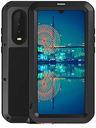 FONREST Tout Le Corps Coque pour Huawei P30, 6,1-Pouces Love Mei Hybride Aluminium Métal Armure Antichoc Antipoussière Housses avec Verre trempé, Supporte Le Chargement sans Fil (Noir)