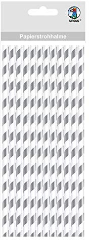 Ursus 56850004 - Papierstrohhalme mit Streifen, silber, Größe S, Länge ca. 19,5 cm, Durchmesser ca. 0,6 cm, 24 Stück, mit Folienveredelung, lebensmittelecht, zum Gestaltenm und Dekorieren