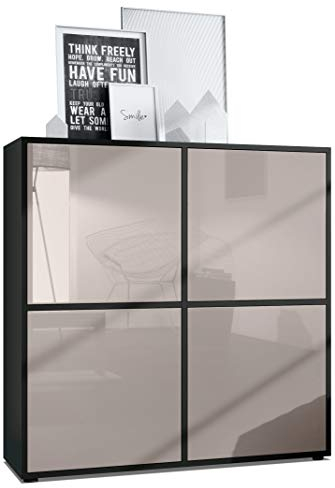 Vladon Highboard Cuba V2 Schrank 104 x 105,5 x 35,5 cm Sideboard mit 8 Fächern, Made in Germany, Korpus in Schwarz matt/Fronten in Sandgrau Hochglanz