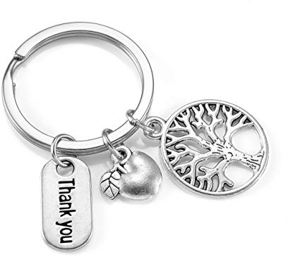 Jovivi Portachiavi Albero della Vita con Scritta Thank You per Insegnante Maestra Donna Portachiavi Grazie Incisione con Ciondolo Mela in Metallo per Mamma Regalo Festa della Mamma Laurea Argento