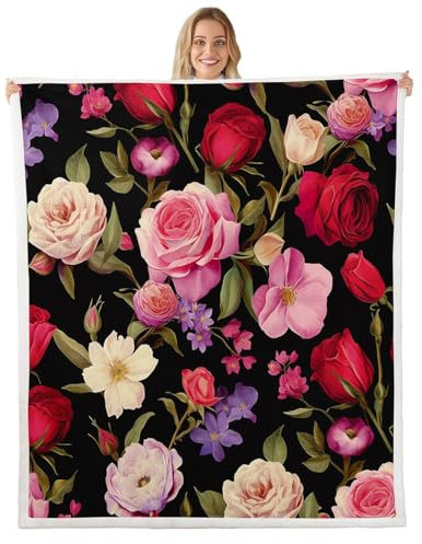 Feelyou Damen-Fleecedecke mit Rosenmuster, buntes Blumenmuster, Sherpa-Decke für Sofa, Couch, romantisches Blumenmuster, Plüsch-Überwurfdecke, atmungsaktiv, schick, botanisch, flauschige Decke,