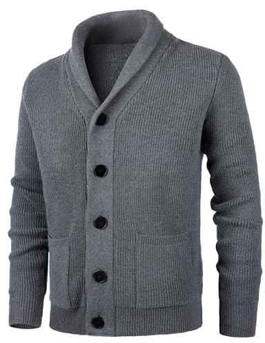 KTWOLEN Maglione Cardigan da Uomo con Collo a Scialle Invernale Maglione Felpa di Cotone Giacca in Maglia a Manica Lunga Cardigans con Bottoni e Tasche, Carbone, XL