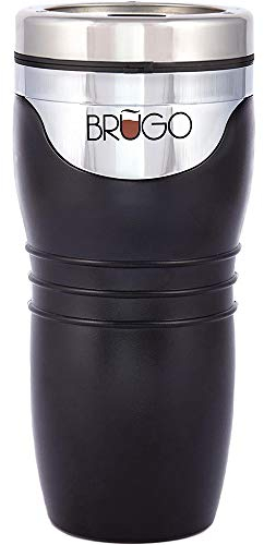 BruGo Leak Proof Travel Mug with Built In Temperature Control Chamber. Double-Wall Insulated Travel Cup - Perfect for Tea or Coffee Lovers - Retro Colour (Midnight Black)