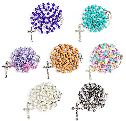 YWLI 7 PCS Rosary Beads Catholic for Woman - Confirmation Gifts, 7 Day Rosary, Various Styles of Rosary Necklace Set, Cross Necklace for Women