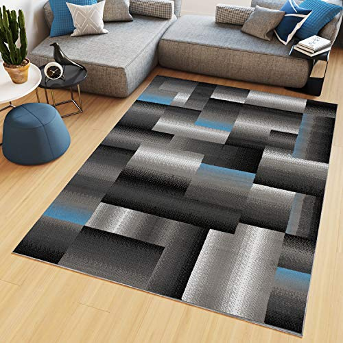 TAPISO Maya Kollektion Teppich Kurzflor Modern Vierecke Streifen Design Schwarz Grau Blau Weiß Meliert Verwischt Wohnzimmer Schlafzimmer ÖKOTEX 140 x 200 cm