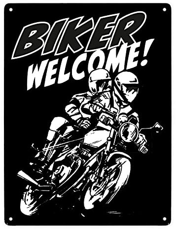 Biker Welcome Metallschild XXL in 28x38 cm in Schwarz zum Thema Motorrad fahren und frei sein Schild Motorrad Aluschild Mofa Blechschild Moped Biker Welcome
