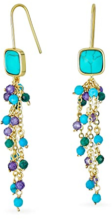 Boho Mixed Edelstein Cluster Bead Accent Linear Fish Hook Dünne Leichtweight Long Purple Amethyst Blue Turquoise Waterfall Tassel Baumelnd Earrings Western Jewelry 18K Yellow Gold Vergoldet