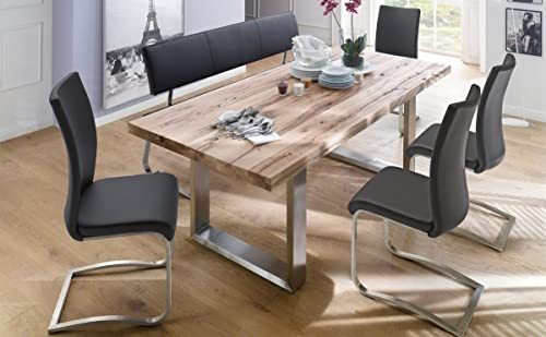 expendio Essgruppe Carson Eiche gekälkt massiv 180x76x100 cm + Schwingstühle + Bank Arcadia 1 schwarz Esszimmer Tischgruppe