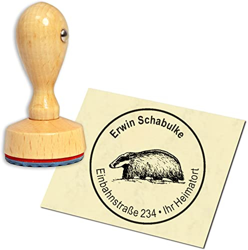 Stempel Adressstempel Holzstempel - Dachs auf Sand - rund ∅ 40mm personalisiert als Firmenstempel Namensstempel Bürostempel