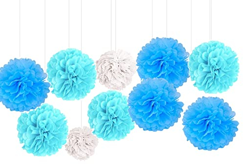 GoldRock Seidenpapier Pompons Deko, 10 Stück Pompoms Deko,Weiß, Hellblau, Himmelblau Papierblumen, Wabenbälle Bunt Set, Pompons Geburtstagsdeko,Seidenpapier Pompons für Hochzeit,Gartenparty,Geburtstag