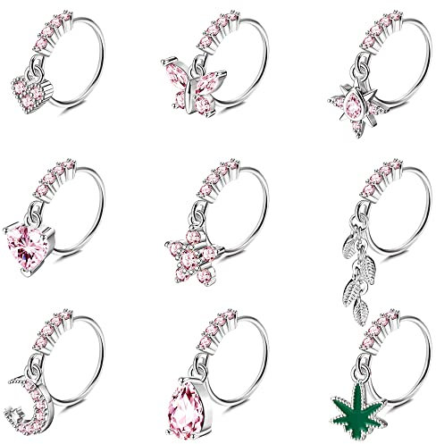 Kakonia 9 Stück Nasenpiercing für Damen Herren Edelshtahl Baumeln Nasenpiercing Ring Dangling Herz/Rosa CZ/Mond/Schmetterling Nasen Piercing Schmuck