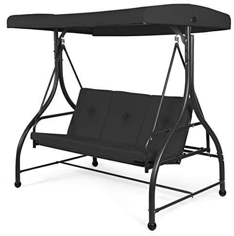 COSTWAY 3 Seater Garden Swing Chair, Convertible Outdoor Hammock Bench Chair with Adjustable Canopy and Cushions, Steel Frame Porch Patio Swing Seat Lounger for Balcony, Deck and Poolside (Black)