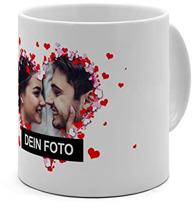PhotoFancy® - XL Tasse 'Herzrahmen' - Personalisierte Fototasse mit eigenem Foto und Text - Große Tasse selbst gestalten - Jumbo-Becher XL 500 ml - Layout Herzrahmen