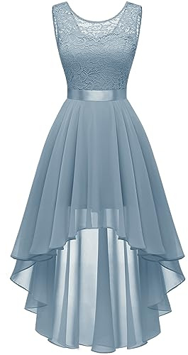 Berylove Dentelle Robe de Cocktail Femme élégante pour Mariage, Robe Festive sans Manches, Robe de Demoiselle d'honneur, Gris/Bleu, L