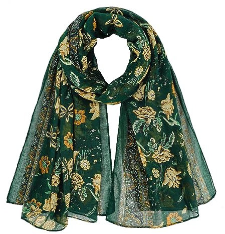 Ladies Scarves Lightweigh Floral Printed Sheer Shawls, Long Scarves for Spring, Autumn, 85 x 180 cm (Dark Green)
