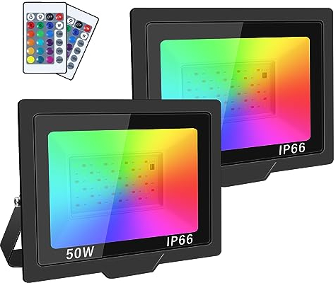 RIGIDON 2 Pieza Foco LED RGB Exterior, 50W Foco Proyector Exteriores con Control Remoto, Multicolor Estroboscópico RGB Regulable Luz de pared IP66 para Decoración Jardin Terraza Fiestas Hotel