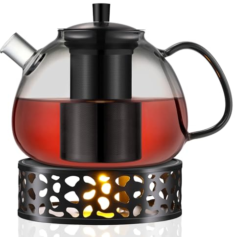 ecooe Teiera nera in vetro borosilicato da 1500 ml, con filtro rimovibile in acciaio inox 18/8, resistente al calore, per tè nero, tè verde, tè alla frutta, tè profumato