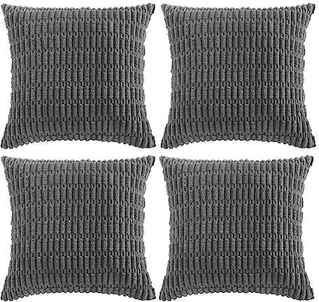 FDTERN 4er Set Boho Kissenbezug 45x45 cm Dunkel Grau Einfarbig Flauschig Kissenbezüge Kordsamt Kissenhülle Dekokissenbezug Sofakissen Dekokissen Deko für Sofa Schlafzimmer Wohnzimmer Balkon