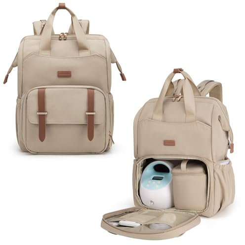 mommore Diaper Bag Backpack, Breast Pump Backpack for Spectra S1,S2 Medela Pumping Backpack for Working Moms with 15.6 inch Laptop Sleeve, Champagne
