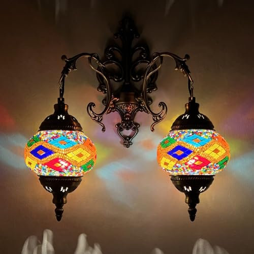Yjmgrowing Türkische Mosaik-Doppelglas-Wandlampe, Marokko-Laternen-Wand-Leuchter-Lichter, Rustikale festverdrahtete Wandlampen mit 2 Kugeln Dekor für Flur, Treppe, Schlafzimmer,A