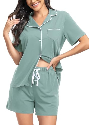 Lovasy Schlafanzug Damen Baumwolle Kurz Pyjama Set Kurzarm Schlafanzüge für Damen mit Knöpfen und Taschen,Hellgrün,XL