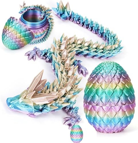 3D Printed Dragon in Egg - Dragon Egg - Fully Articulated Crystal Dragon with Egg - Flexible Joints for Home Office Decor and Executive Desk Toys (Colorful a)