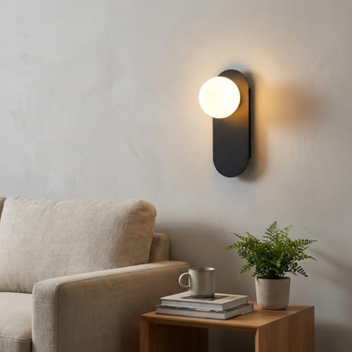 BARCELONA LED Wandleuchte Brian E27 – Nordische Wandlampe mit Opalglas Kugel, Minimalistisches Design, Aluminium Basis in Schwarz, Innenleuchte IP20