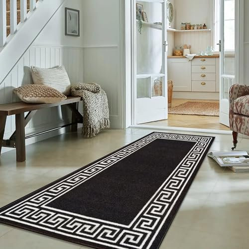 Fit Even Greeky Runner Rug – Large Washable Non-Slip Carpet for Living Room, Bedroom, Lounge, Dining, Kitchen, Modern Indoor Long Floor Rug (Black & White, 66x120 cm)