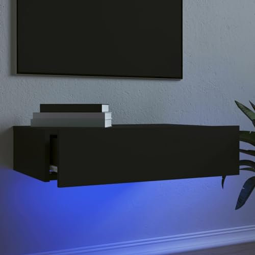 Homgoday TV Wandschrank Schwarz 60x35x15,5 cm mit LED-Leuchten, viel Stauraum, RGB-LED-Leuchten, USB-Anschluss, Modernes Design, Holzwerkstoff, Benötigt Montage