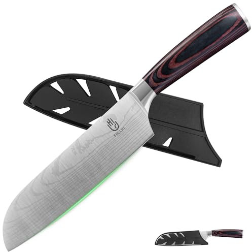 FULLHI Couteau santoku, couteau japonais de 7 pouces avec garde, couteau de cuisine en acier inoxydable pour la coupe de sushis avec étui (Bois café)