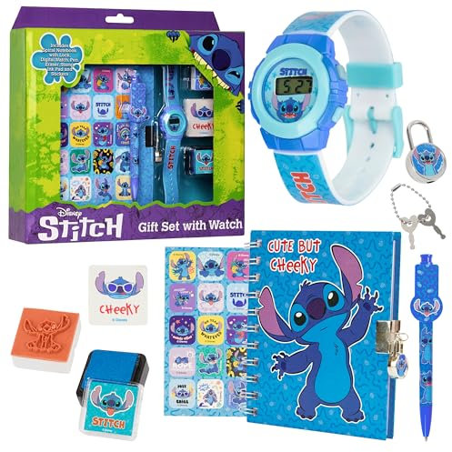 Disney Stitch Set de Regalo con Reloj Digital Niños y Accesorios, Diario con Candado, Boligrafo Bonito Sello Infantil