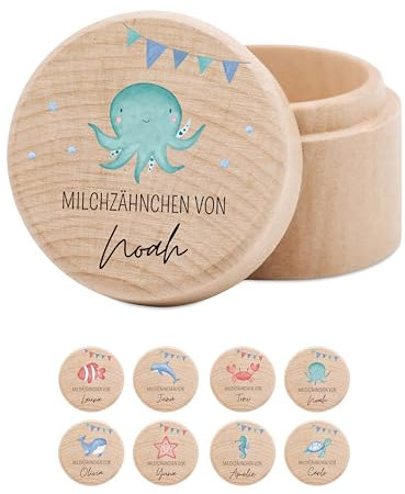 wunderwunsch® - Milchzahndose personalisiert aus Holz mit kinderfreundlichem UV-Druck - Zahndose Milchzähne als Erinnerung an die ersten Zähnchen (Oktopus Girlande)