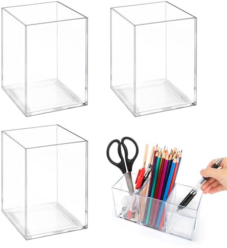UKOFEW Pot a crayon en Acrylique Transparent, 3 Pièces Porte Stylo Carré, Pot Crayon bureau en Acrylique, Rangement pinceaux maquillage, Porte Crayon Acrylique pour Le Bureau, L'école, La Maison