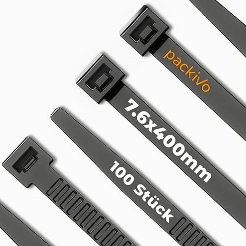 Packivo Kabelbinder Schwarz 400mm x 7,6mm 100 Stück, 40KG Zugfestigkeit, Hitzebeständig, Kabelmanagement, Gartenarbeit, Werkstätten, Bau, DIY, Industrie