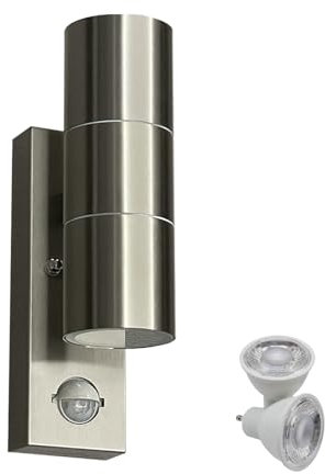 JNR Edelstahl LED Außenlampe mit PIR Bewegungsmelder, IP54 Up Down Wasserdichte Außenleuchte mit Bewegungsmelder 230V, Aussenlampe inkl. 2x5W GU10 3000K Warmweiß Glühbirne, Wandleuchte, Silber