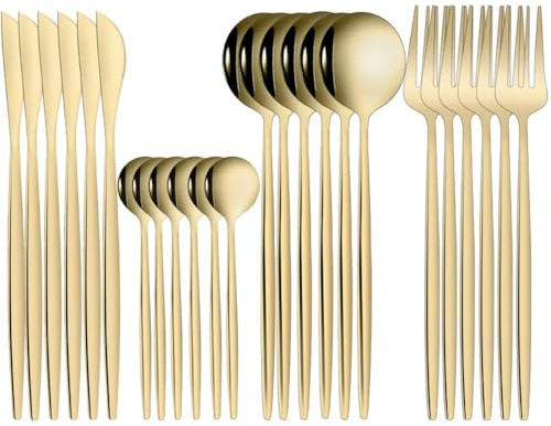 FZBANG Service de Table doré 24 pièces en Acier Inoxydable, Couteau à Steak, Fourchette, cuillère à café, Couverts, Lavable au Lave-Vaisselle