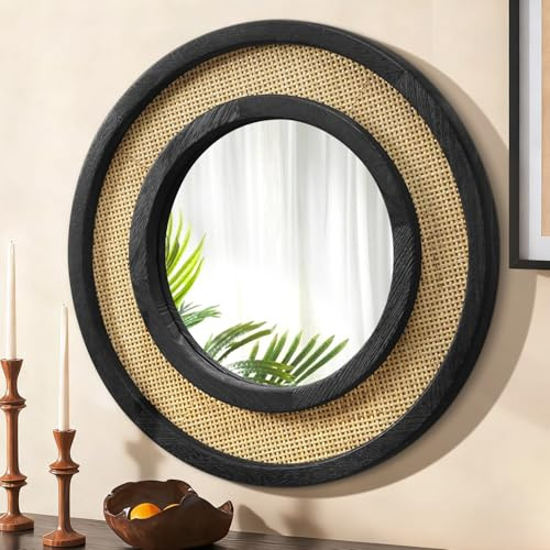 JJUUYOU Wandspiegel Runder Spiegel Schwarz 60CM Kreis Rustikale Hängespiegel mit Holzrahmen Wandspiegel für Wohnzimmer Badezimmer Schlafzimmer Eingang