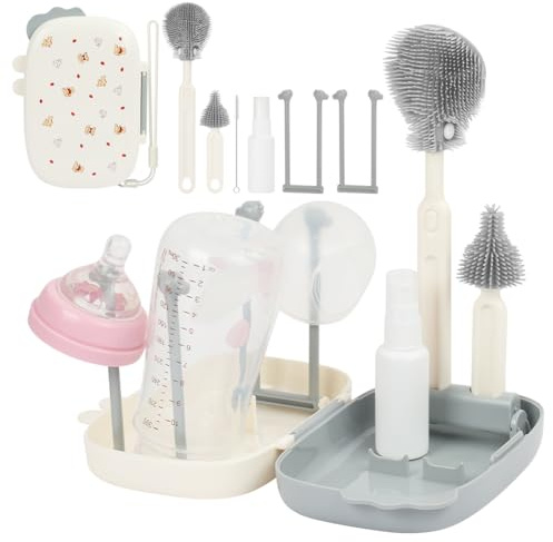 Vicloon Baby Bottle Brushes, 6 in 1 Travel Bottle Brush Set with Silicone Bottle/Nipple/Straw Brush, Soap Dispenser, Drying Rack, Baby Travel Essentials (Gray)