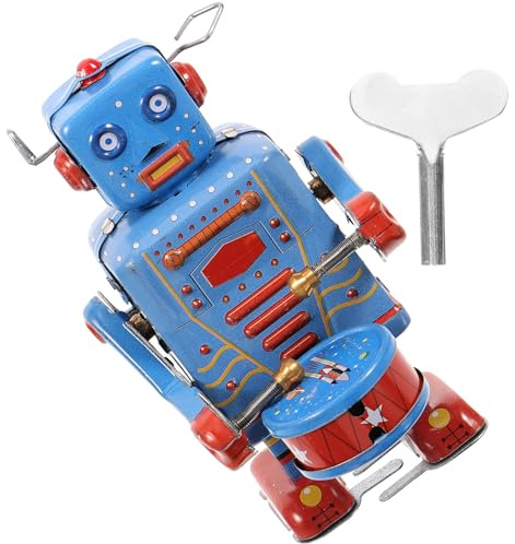 Mikinona Tin Toy Robot Vintage Tinplate Drumming Collectible for Adults | Drumming Robot Toy Tinplate, Blue Vintage Clockwork Wind-up Design, for Office Adornment and Collection